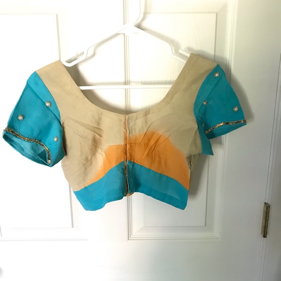 Blue and Orange and Beige Georgette Sari - Picture 4 of 6